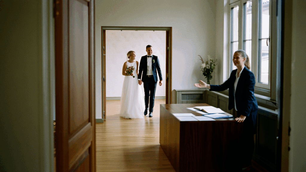 Internationales Hochzeitspaar wird vom Standesbeamten in Dänemark im Trausaal begrüßt