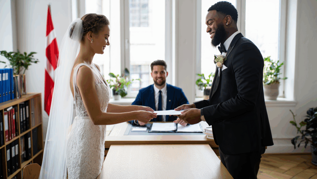 Paar übergibt Unterlagen an Berater für die Hochzeit in Dänemark