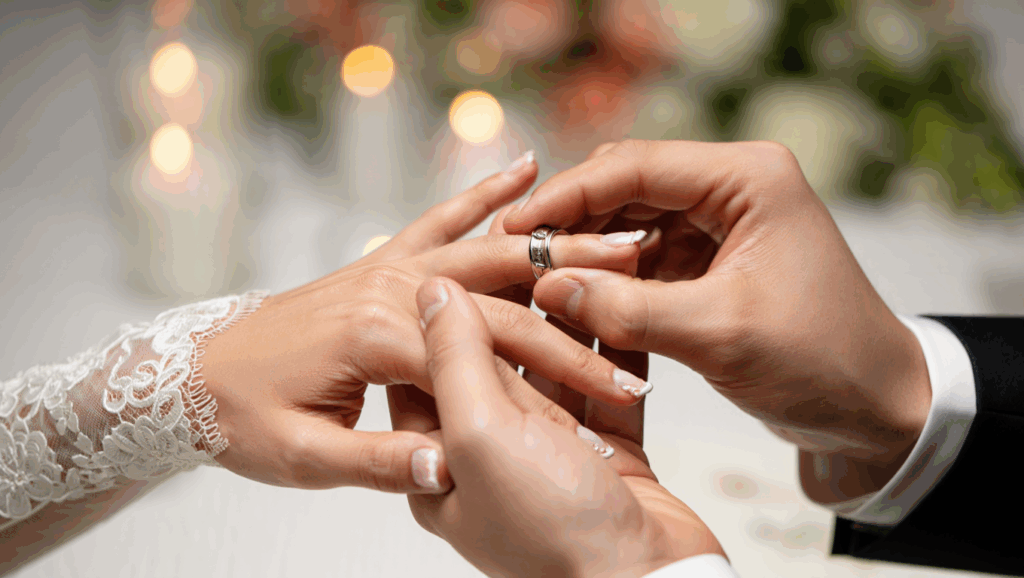 Nahaufnahme vom Ringtausch bei einer Hochzeit in Dänemark