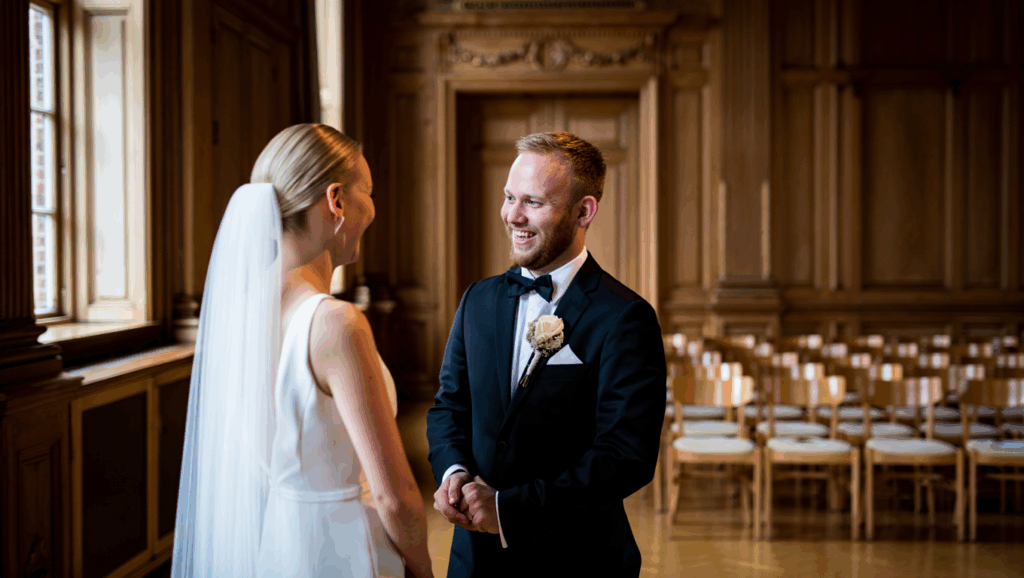 Hochzeitspaar tauscht die Ringe bei der standesamtlichen Trauung in Dänemark