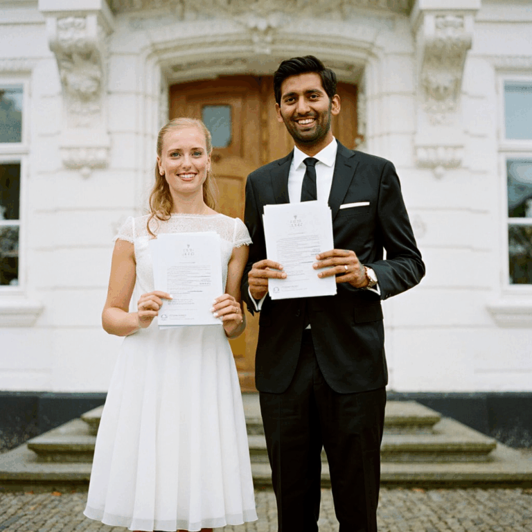 Hochzeitspaar hält Dokumente für die Trauung in Dänemark in den Händen